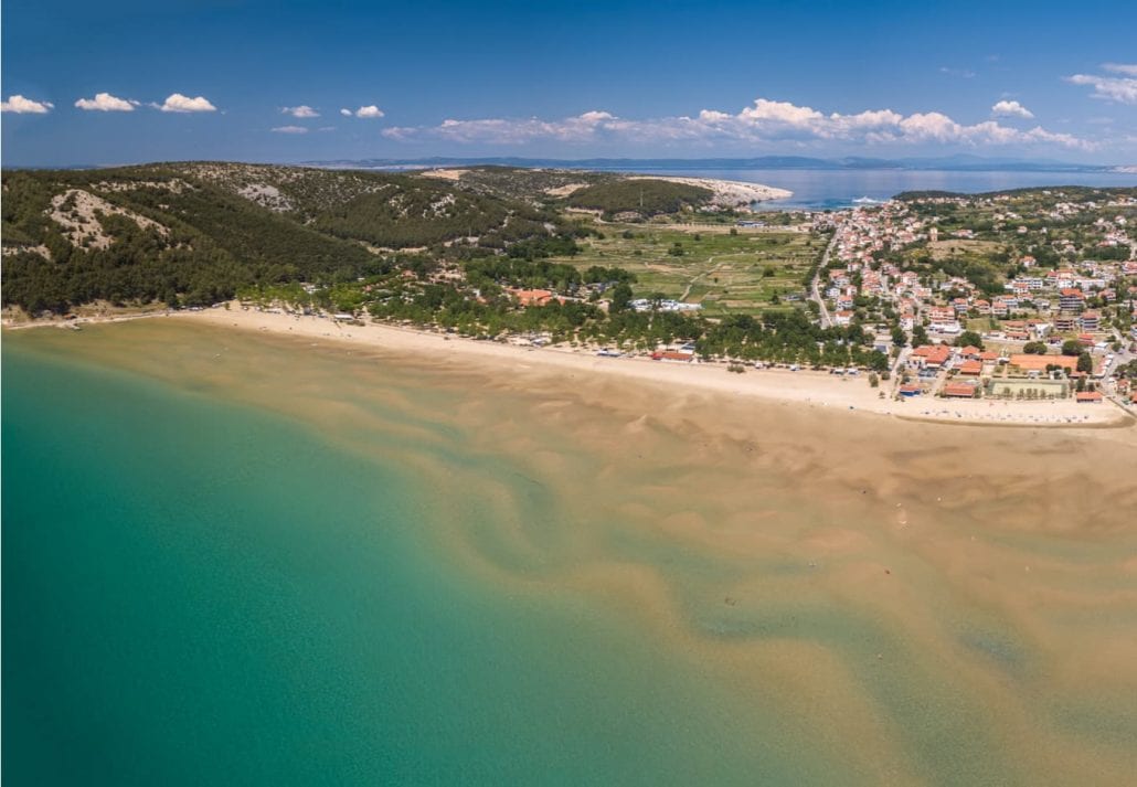Aerial panorama of beautiful Rajska beach on the Rab island in Croatia