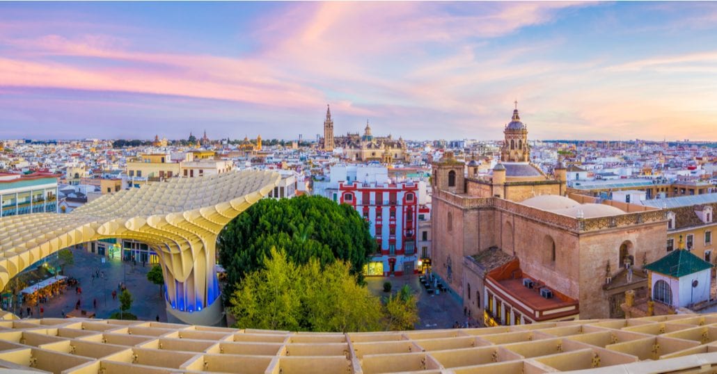 The city center of Seville viewed from the top of the Metropol Parasol.