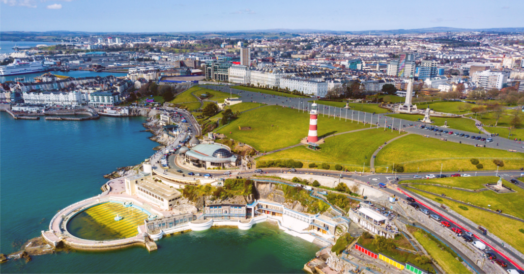 Aerial day view of the Plymouth Harbour, where the first Pilgrims landed in Massachusetts.