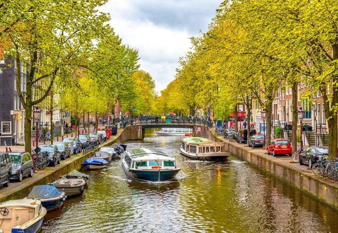 An Amsterdam Canal lined with green trees.
