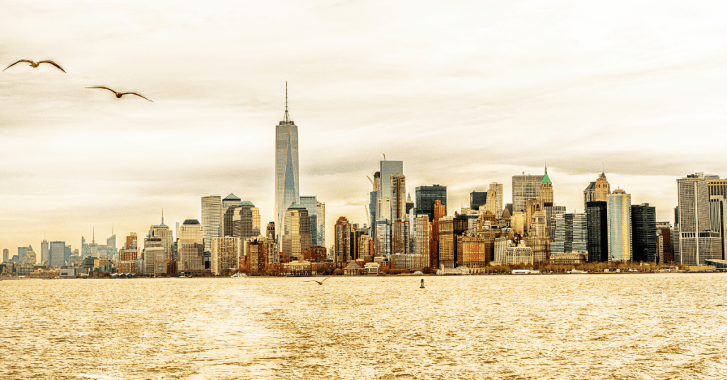 View of the New York City skyline from the Hudson River. 