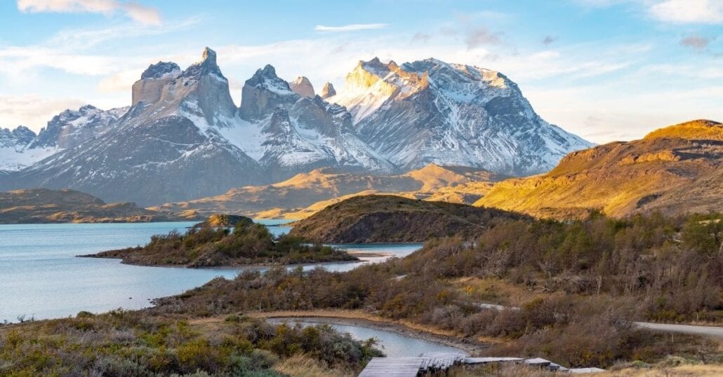 Mountainous day view of Torres Del Paine National Park, in Chile.