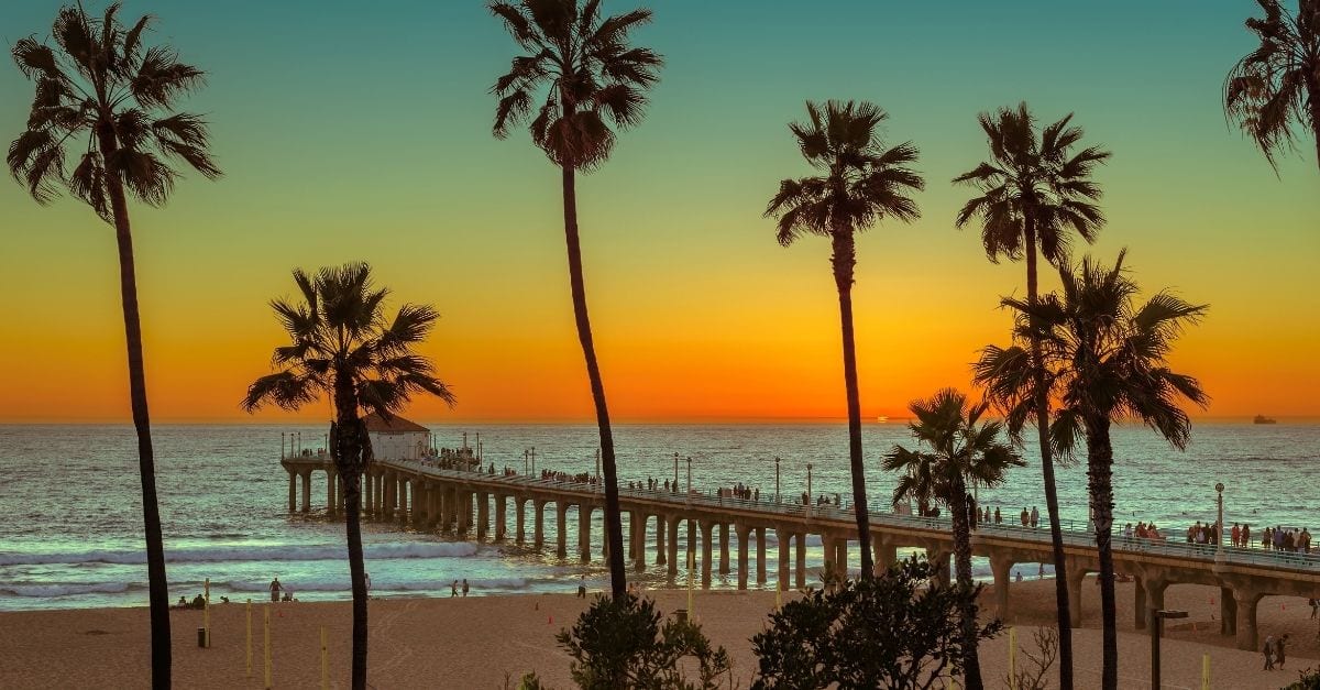 Orange sunset at Venice Beach, in Los Angeles.