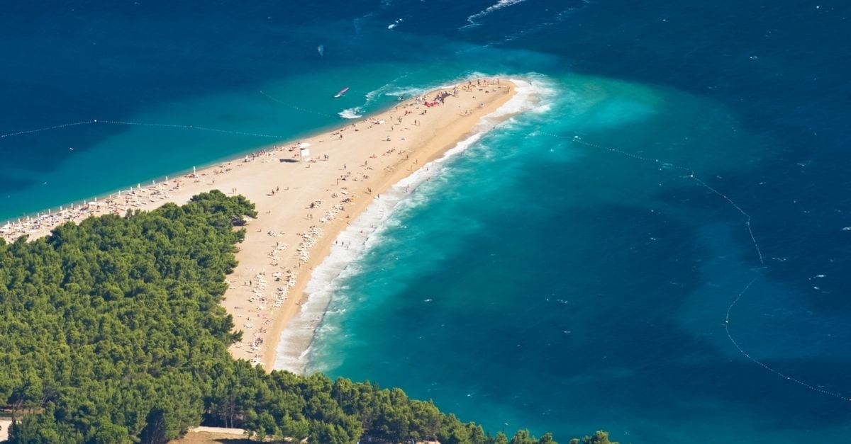 Aerial view of the Zlatni Rat Beach, in Croatia.