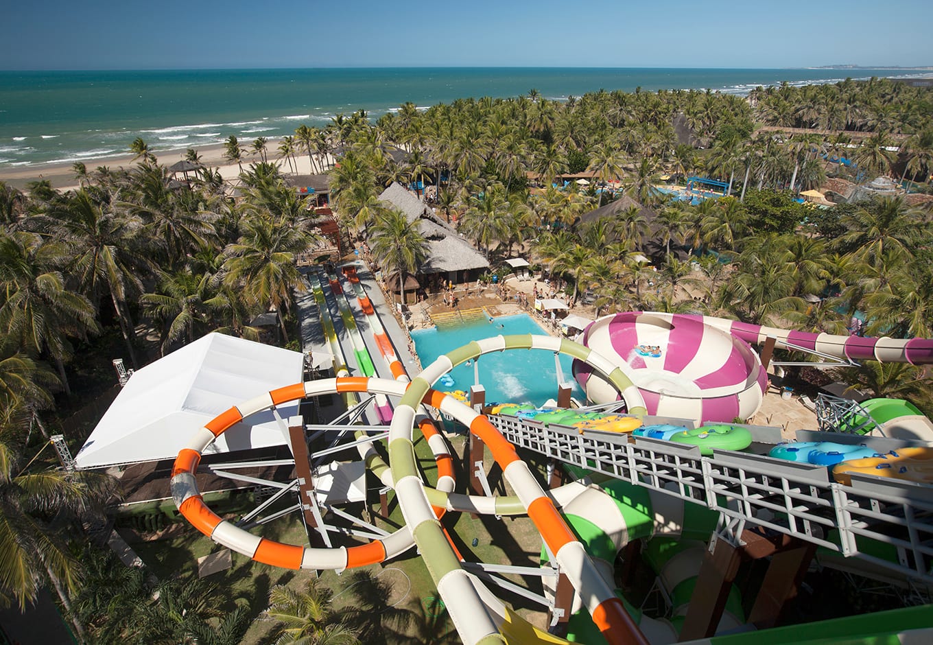 Aerial view of the waterslides at the Beach Park Fortaleza, Brazil.