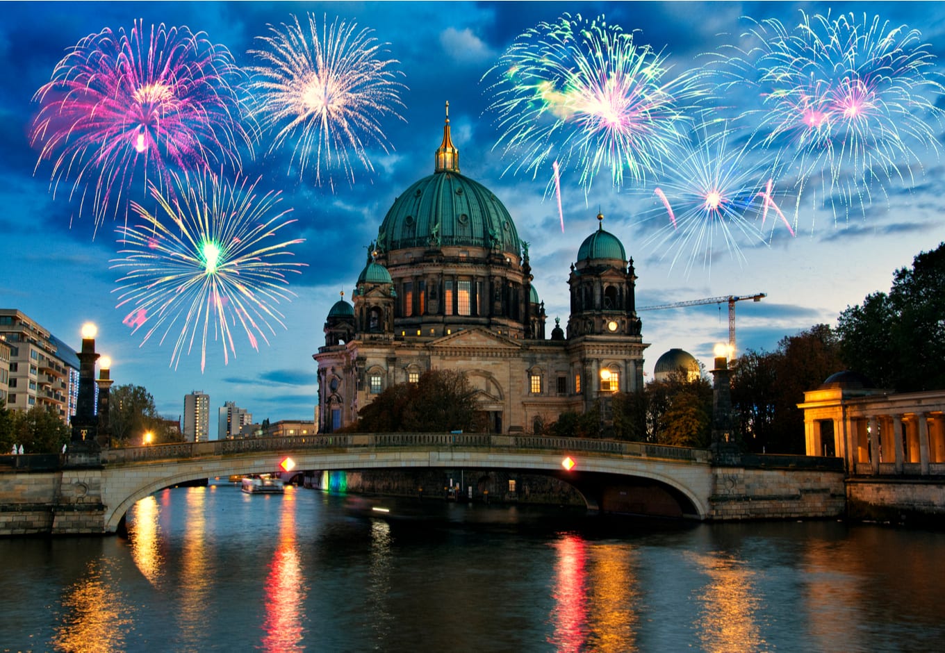 Fireworks over Berliner Cathedral in Berlin, Germany.
