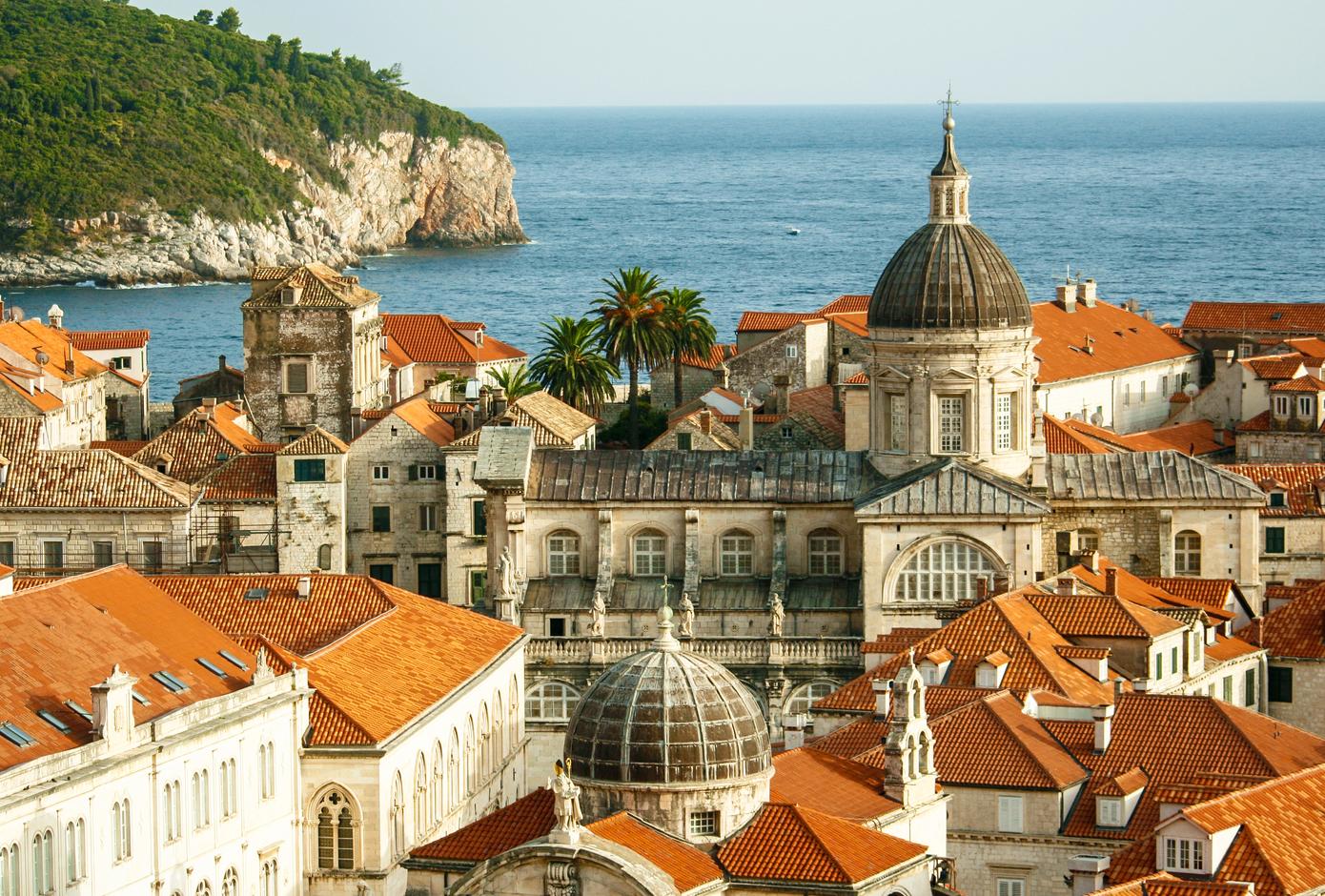 View of Dubrovnik's Old Town with historic buldings, and the Adriatic Sea on the back.
