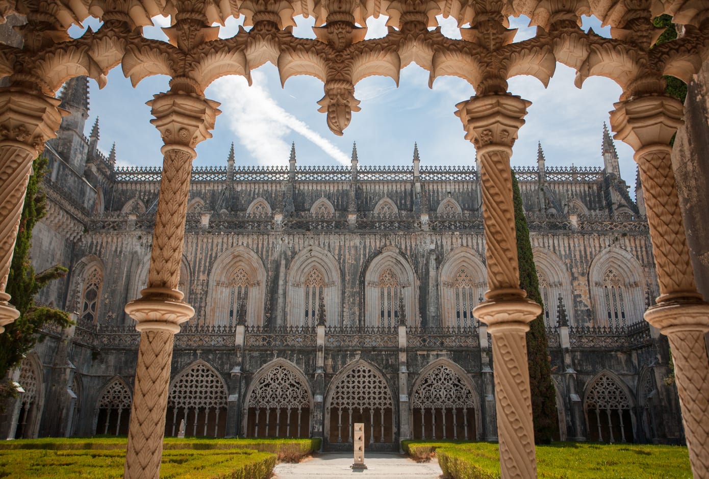 The monastery of Batalha with gothic towers, in Portugal