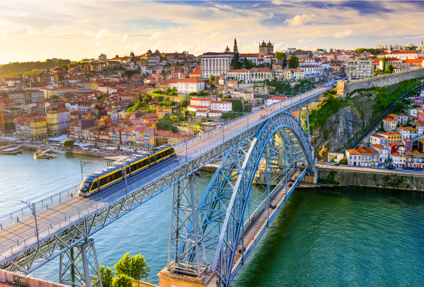 Aerial view of the Luís I Bridge, the Douro River, and the centre of Oporto.