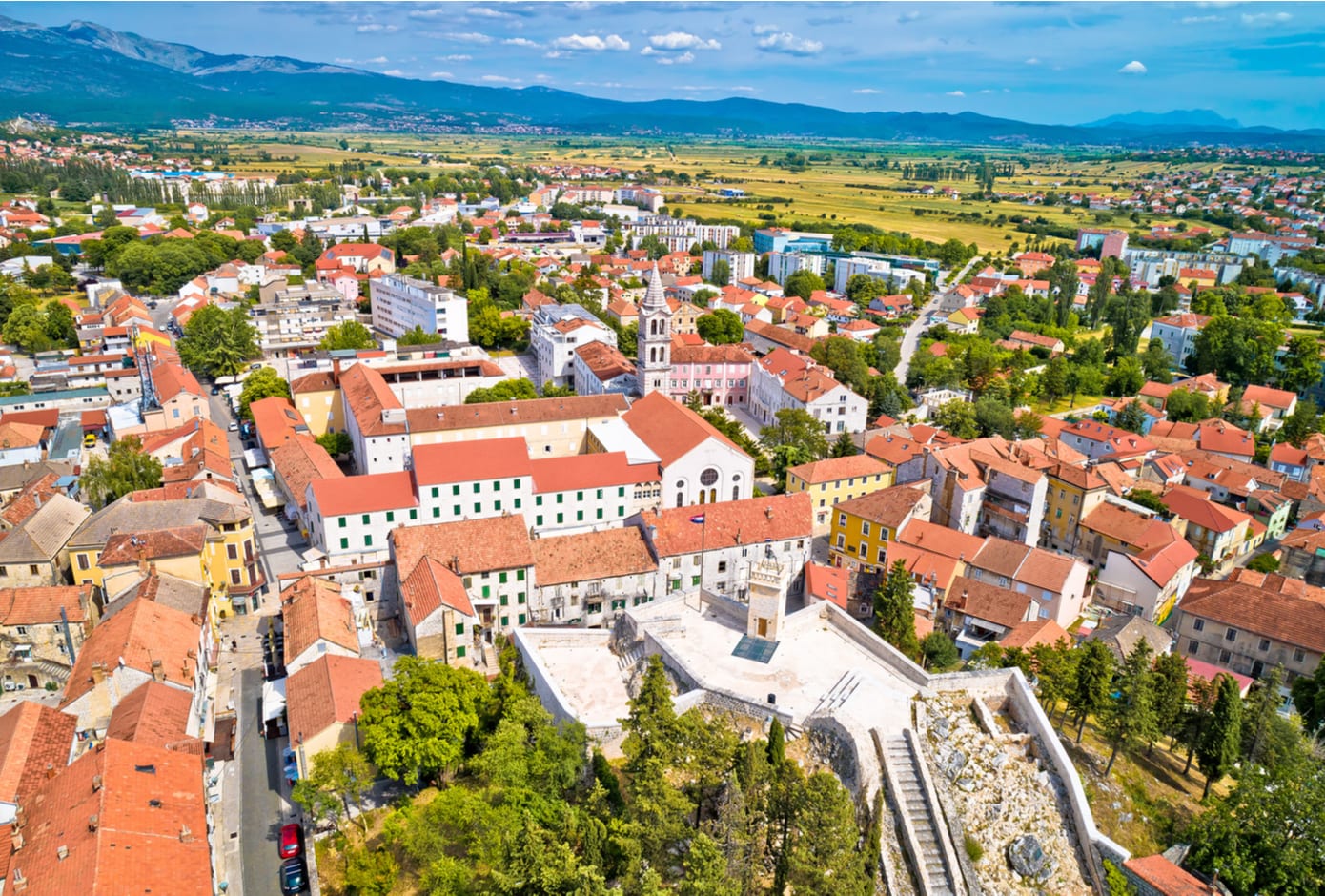Aerial view of Sinj in Dalmatia hinterland southern Croatia
