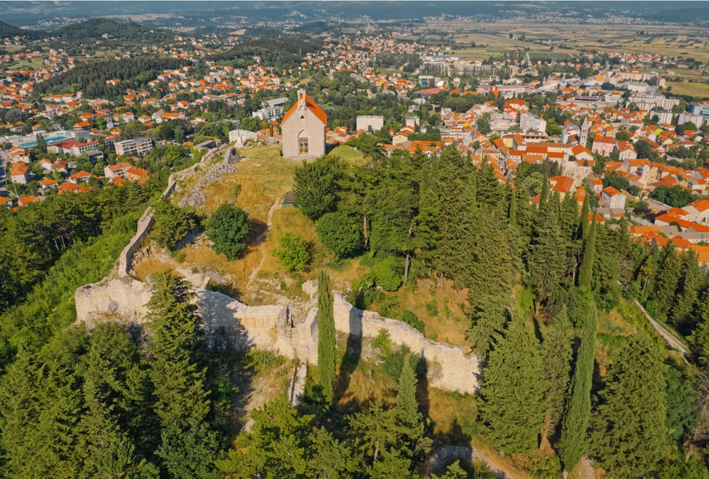 Aerial view of small picturesque town of Sinj in Croatia.
