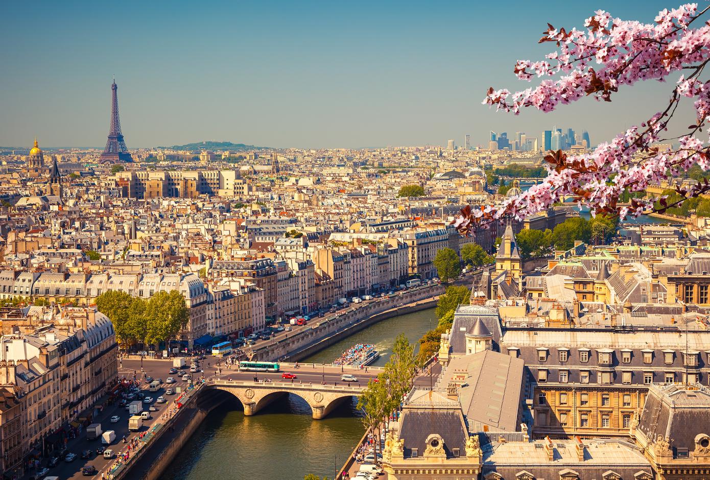 Aerial view of Paris, France, at springtime.

