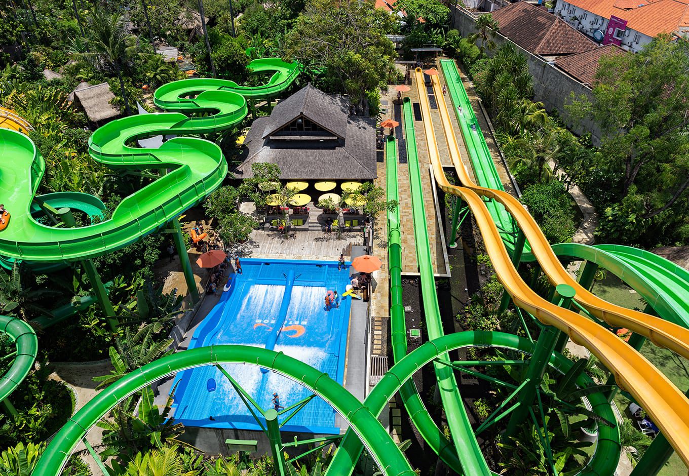 Aerial view of the waterslides at the Waterbom Bali, Indonesia.