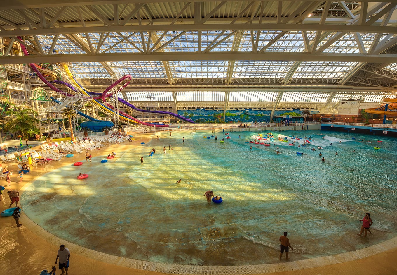 Colorful waterslides leading to a giant pool at the World Waterpark, in Canada.