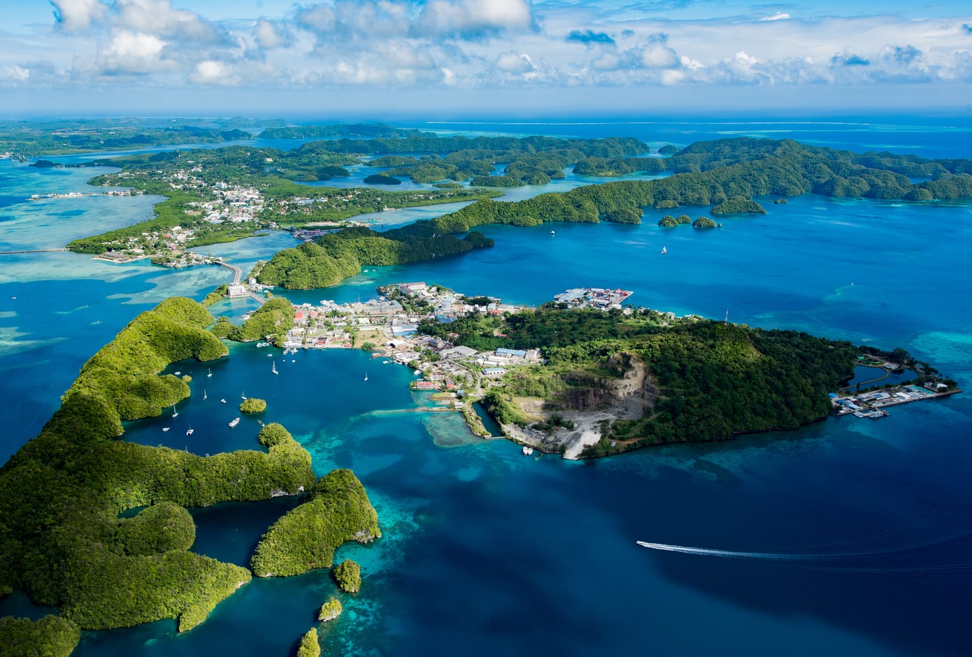 Aerial view of the paradisiac Palau Malakal island, in Oceania.