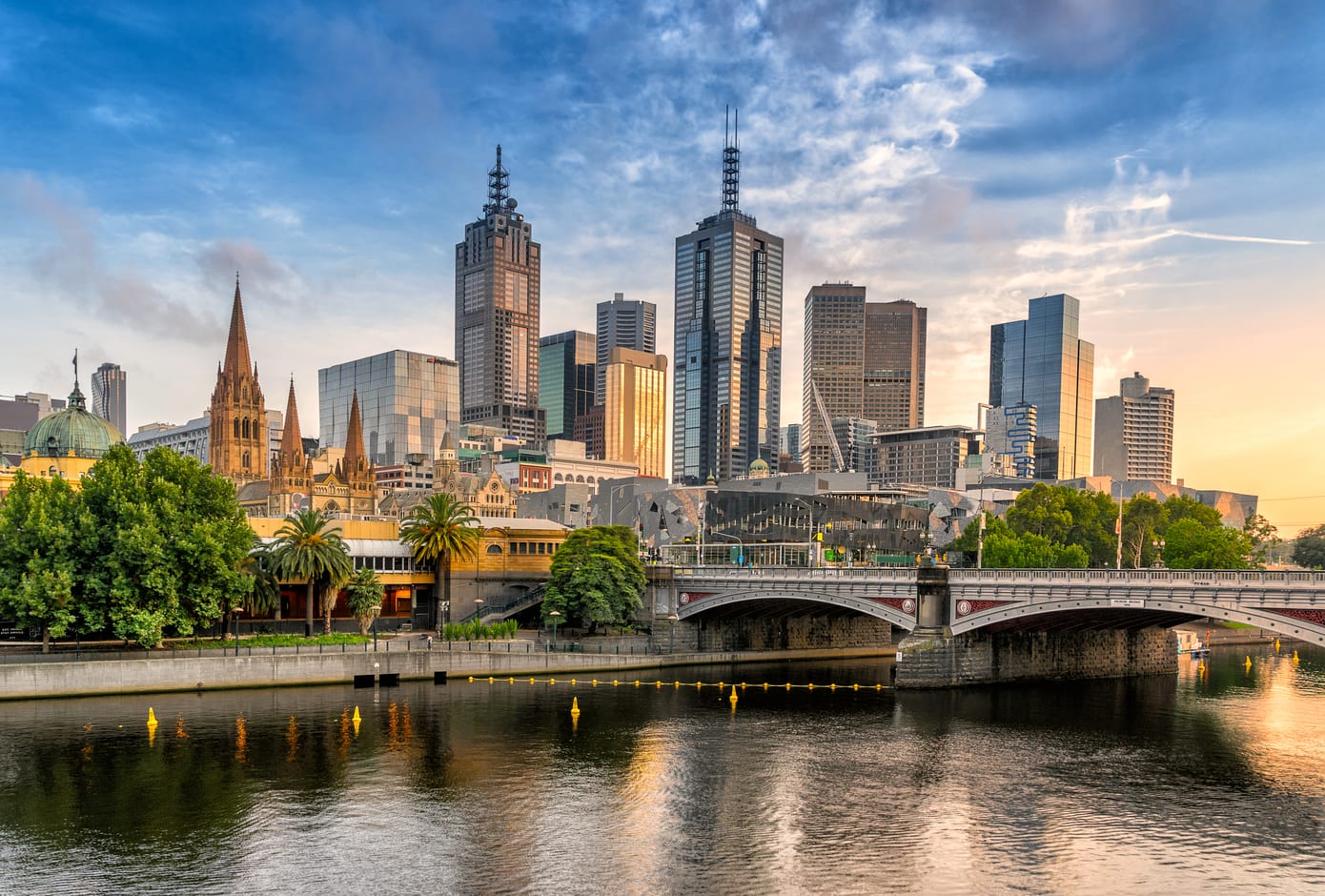View of Melbourne's skyline at dusk, in Australia.
