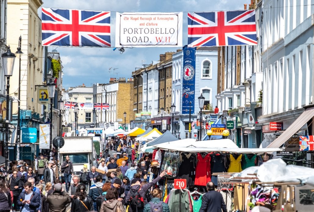 Portobello Road Market, a famous antiques street market in Notting Hill in west London