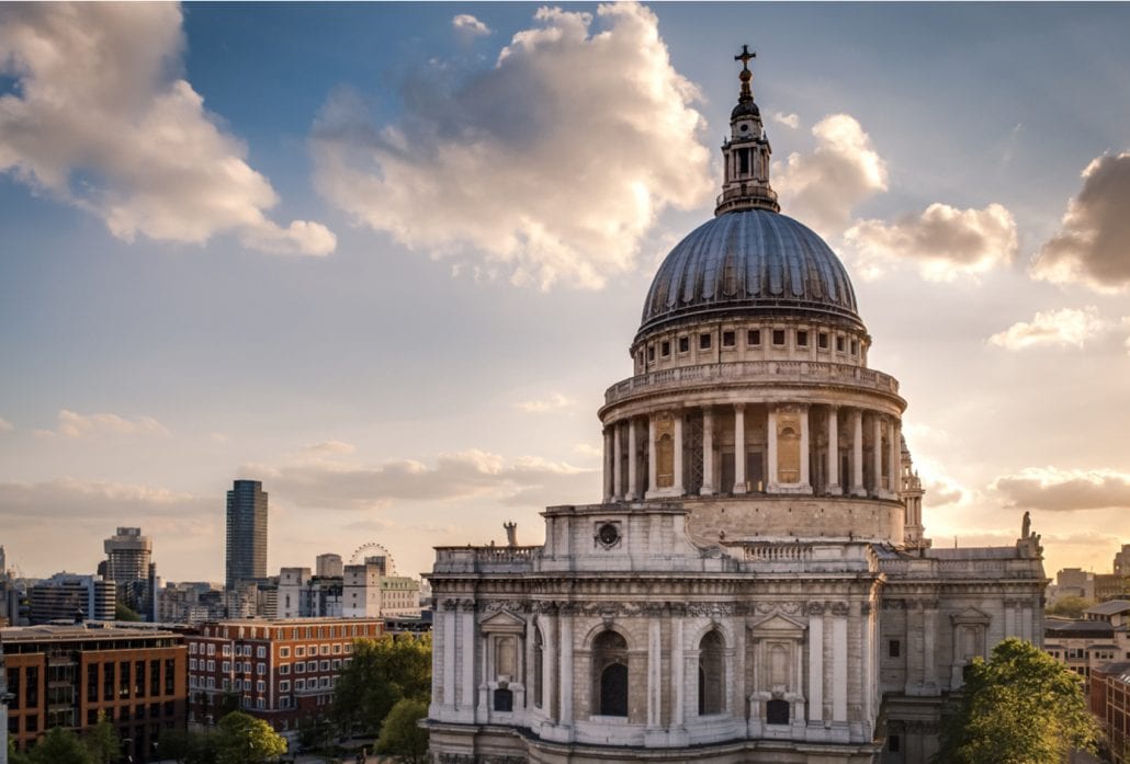 Urban skyline with St. Paul Cathedral at sunset. London, United Kingdom.
