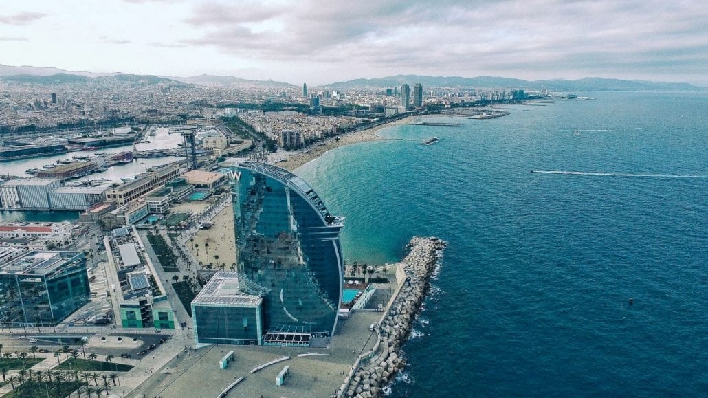 W Barcelona Hotel overlooking the Mediterranean sea at the Barceloneta Beach, in Barcelona, Spain.
