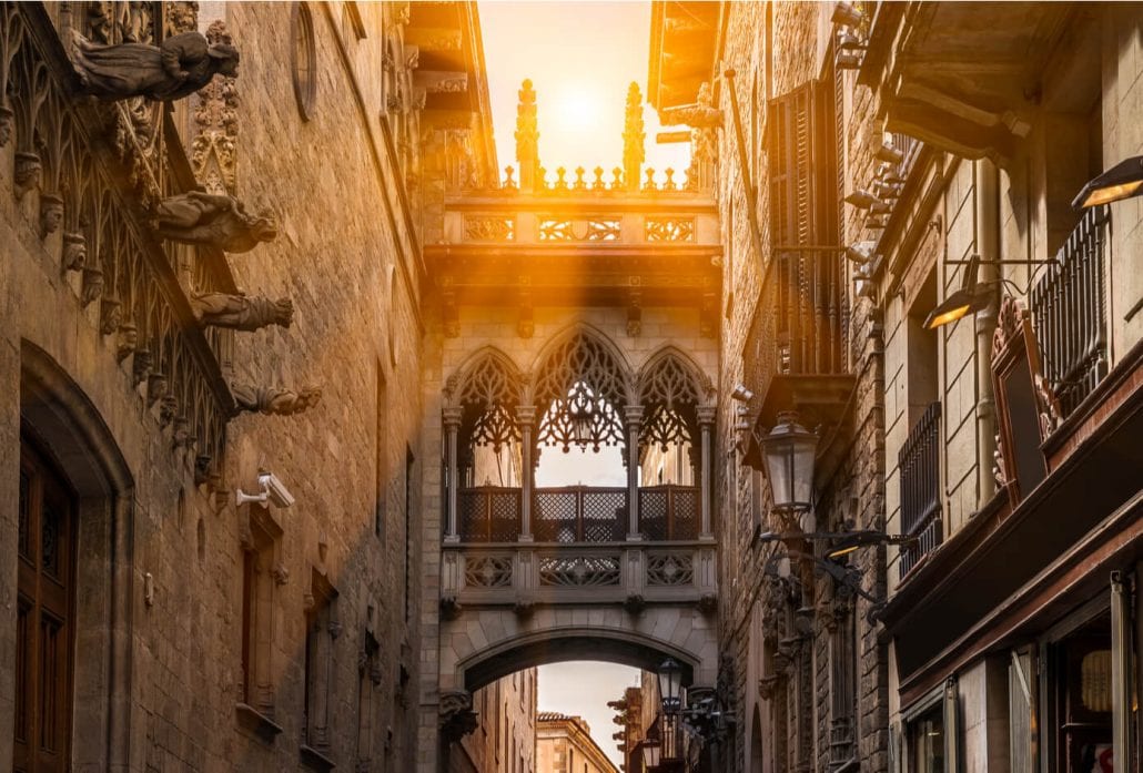 Bridge of Carrer del Bisbe, in Barri Gotic (Gothic Quarter), Barcelona. Spain.