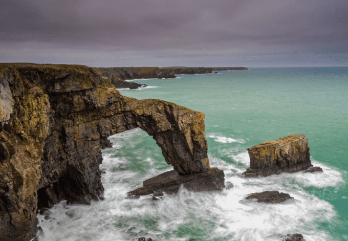 The Green Bridge of Wales. A dramatic, coastal rock arch, located on the Pembrokeshire coastline, in South Wales.