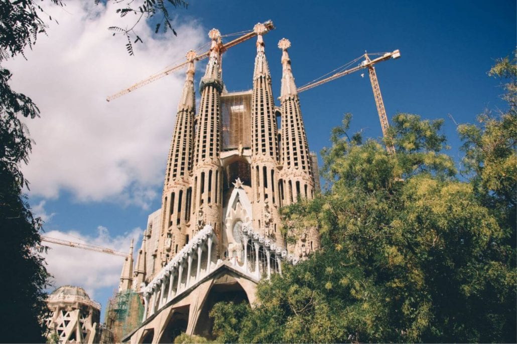 The stunning façade of La Sagrada Familia church in Barcelona, Spain.