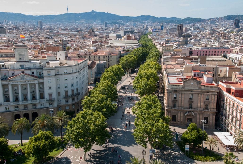 The tree lined Las Ramblas avenue, in Barcelona, Spain.