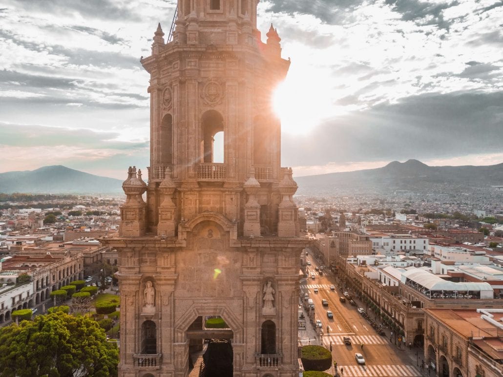 Top view of Morelia Cathedral, in Morelia's colonial old town, in Mexico, at sunset.