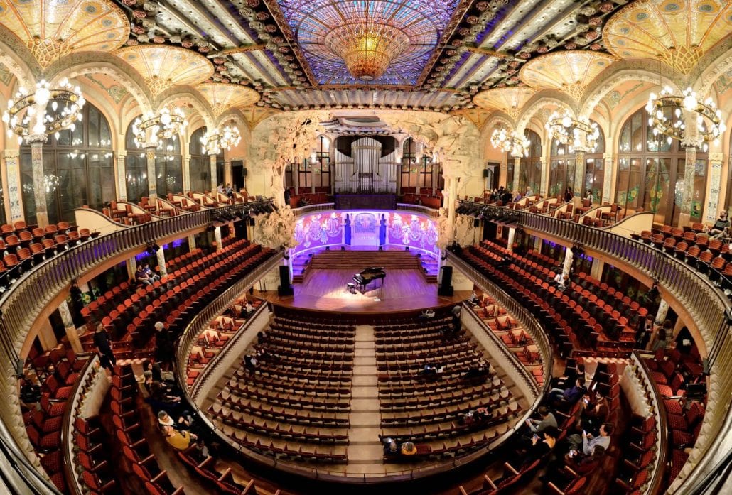 The lavish interiors of The Palau de la Musica Catalana (Palace of Catalan Music) in Barcelona, Spain.