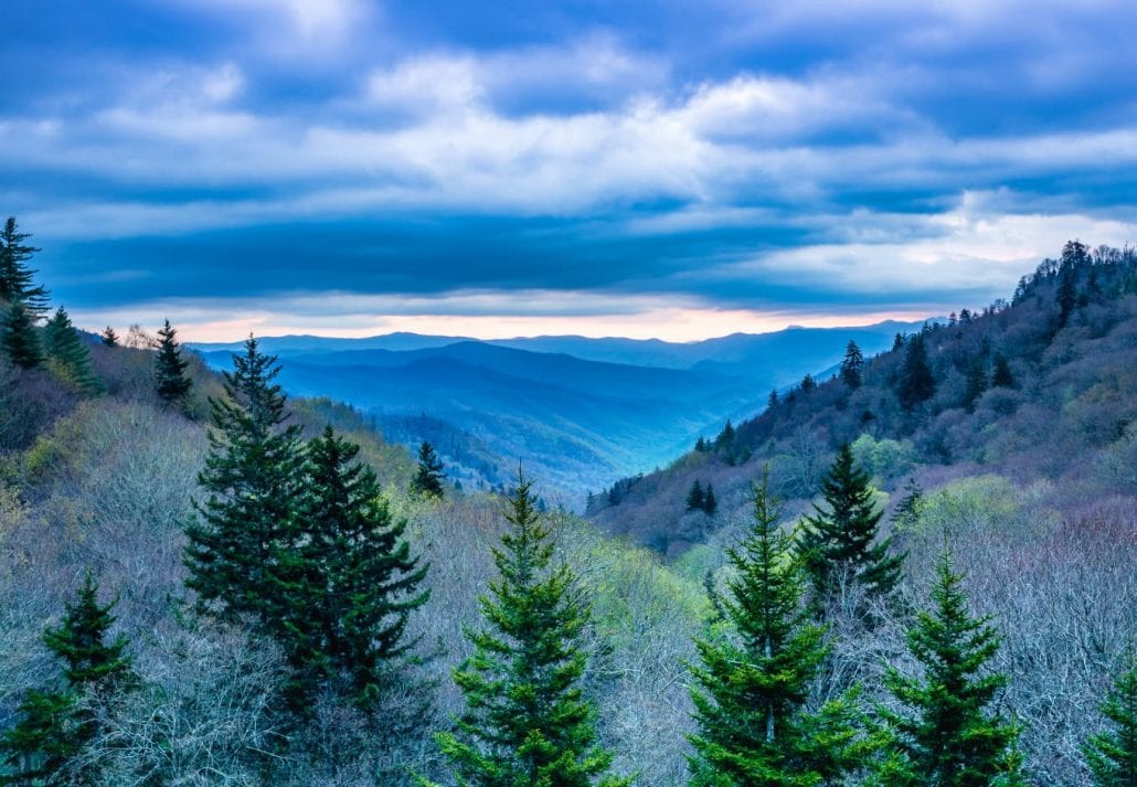 The Great Smoky Mountains Scenic Landscape at Oconaluftee Overlook between Cherokee NC and Gatlinburg TN