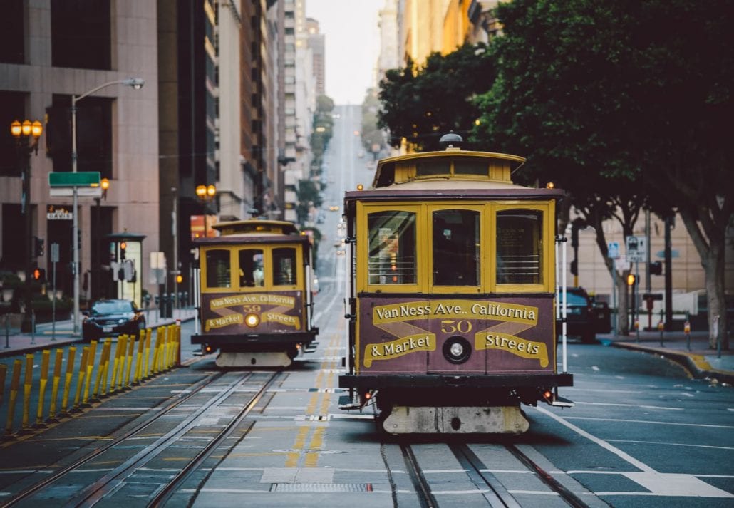 Classic panorama view of historic San Francisco Cable Cars on famous California Street