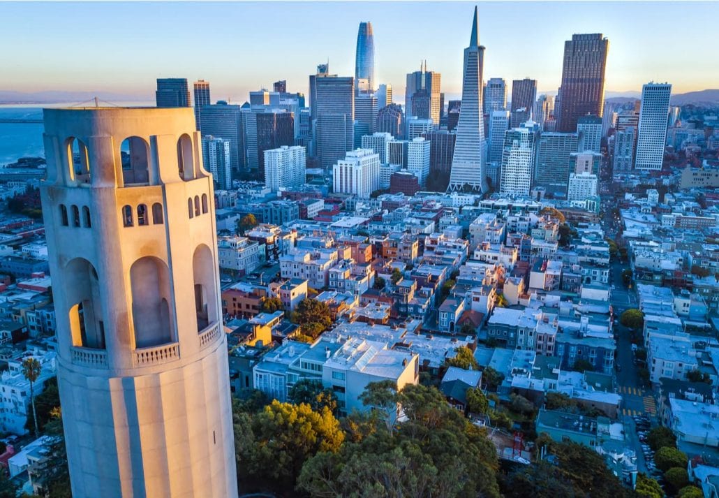 The Coit Tower and San Francisco City Skyline.