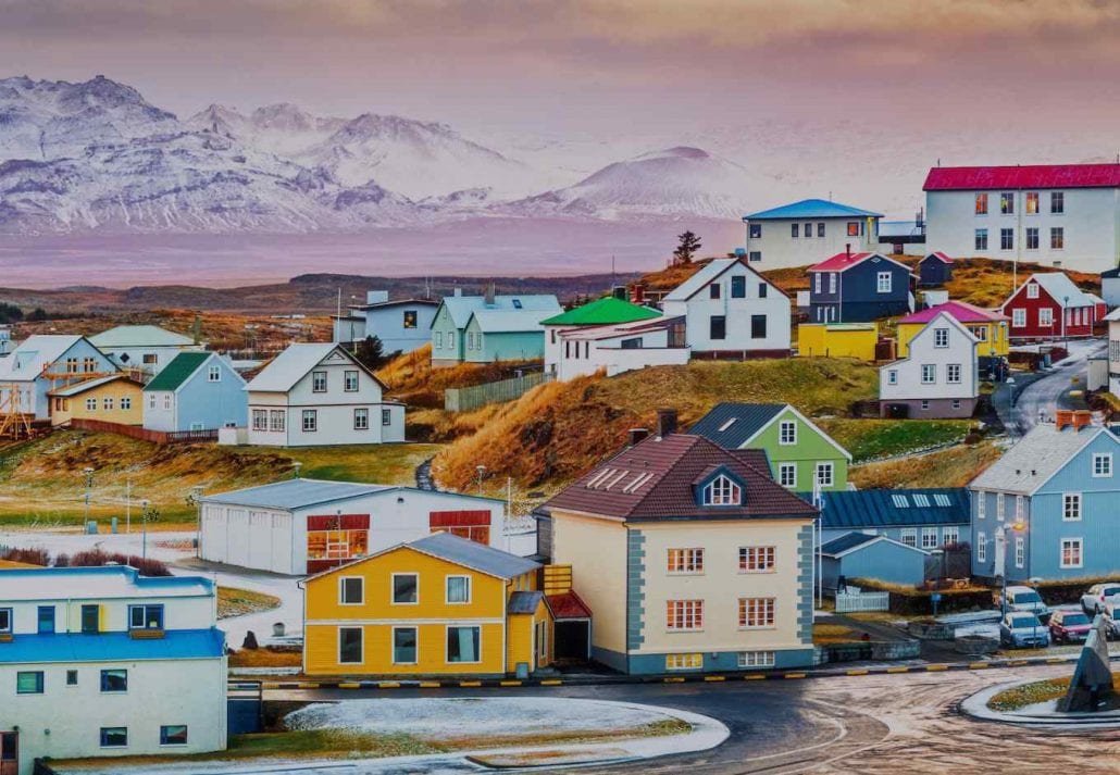 The colorful houses surrounded by a mountain in Reykjavik, Iceland.