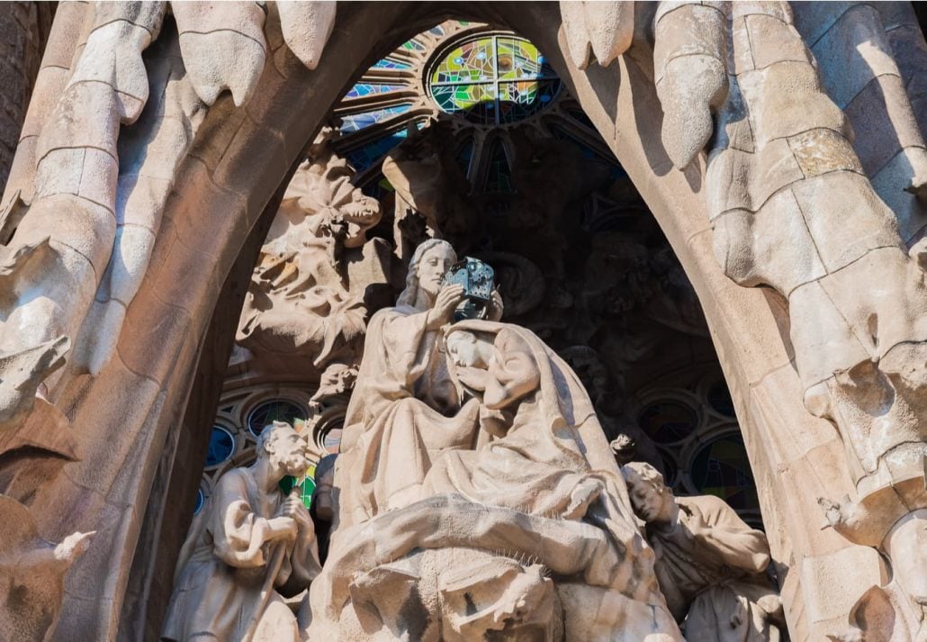 Sculptured façade of La Sagrada Familia, in Barcelona, Spain.