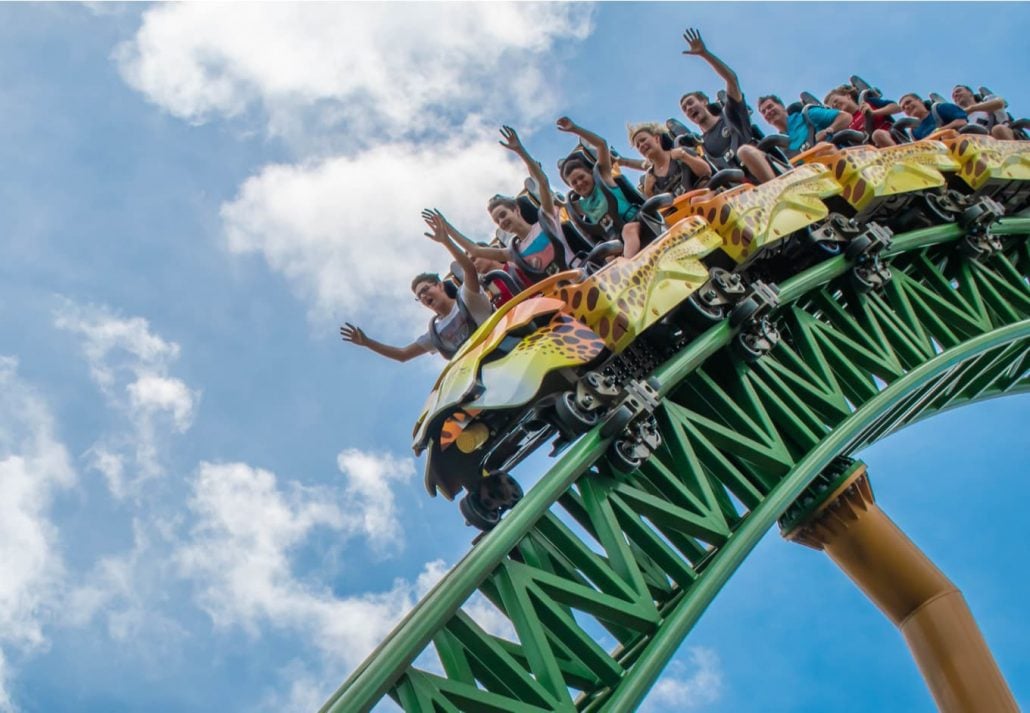 People enjoying the terrific Cheetah Hunt rollercoaster, during summer vacation