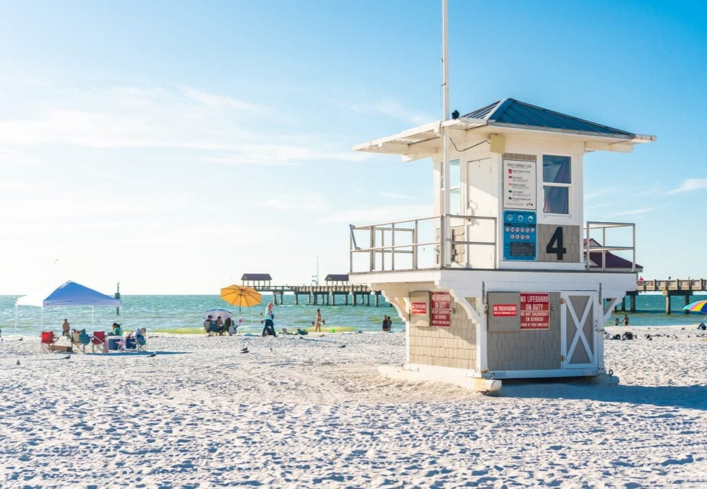 Lifeguard tower on Beautiful Clearwater beach with white sand in Florida USA.
