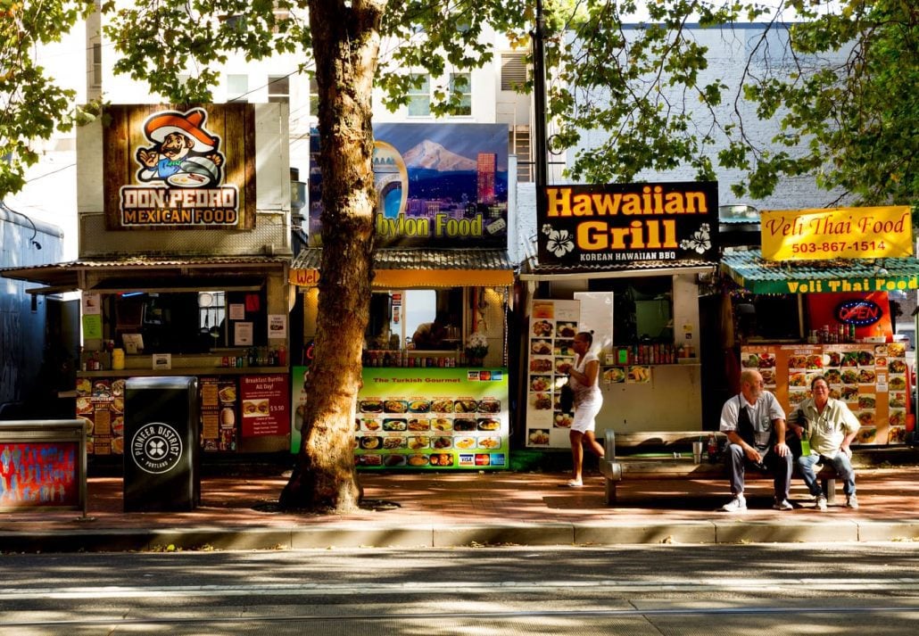 Food trucks along the road in downtown Portland, Oregon.