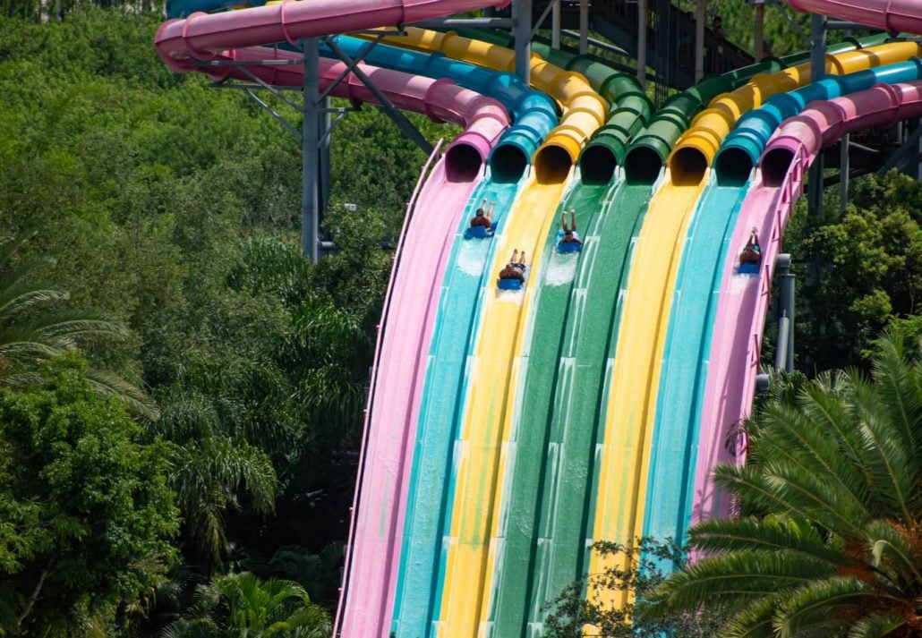 People having fun in Taumata Racer attraction at Aquatica . It is the biggest thrill in the park