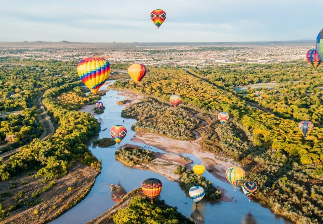 Balloons flying over Albuquerque, in New Mexico.