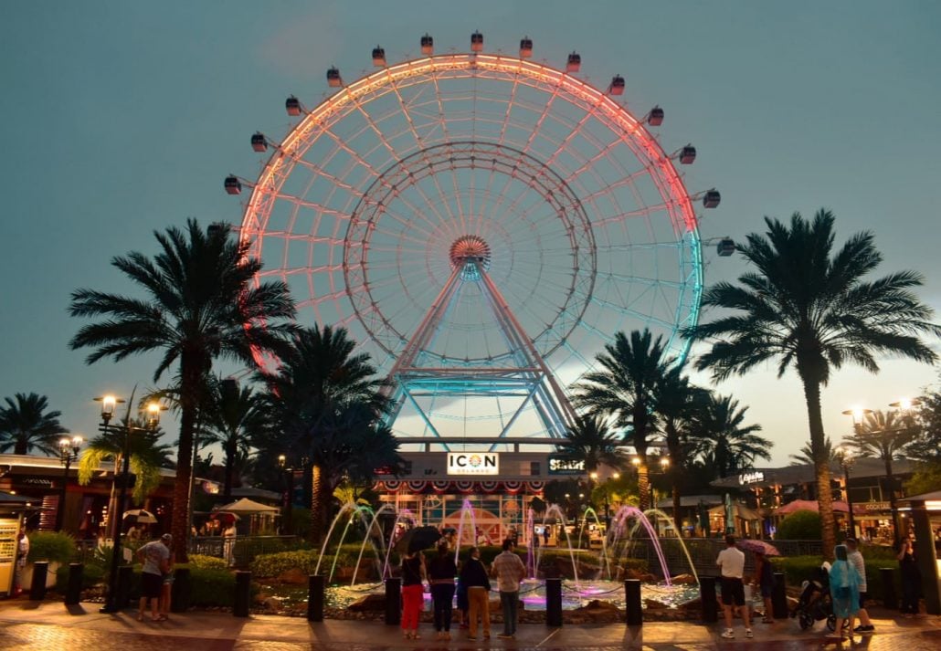 The ICON Park Wheel in Orlando, Florida, at night.