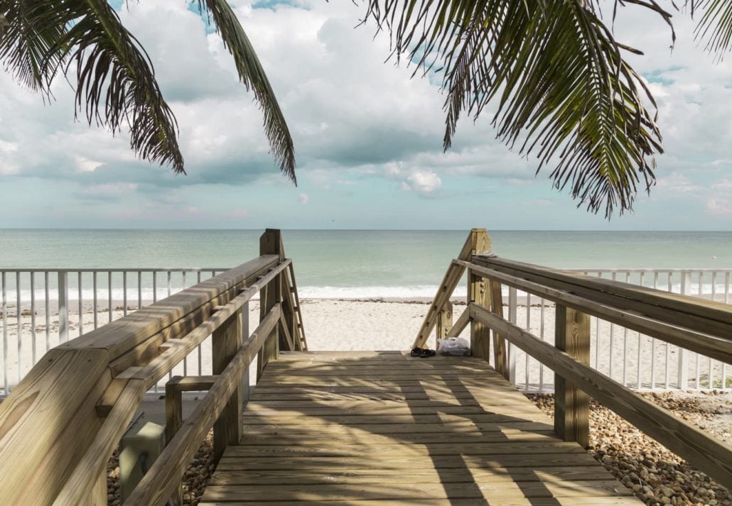 Wooden stairs on deserted beach dunes in Vero Beach, Florida