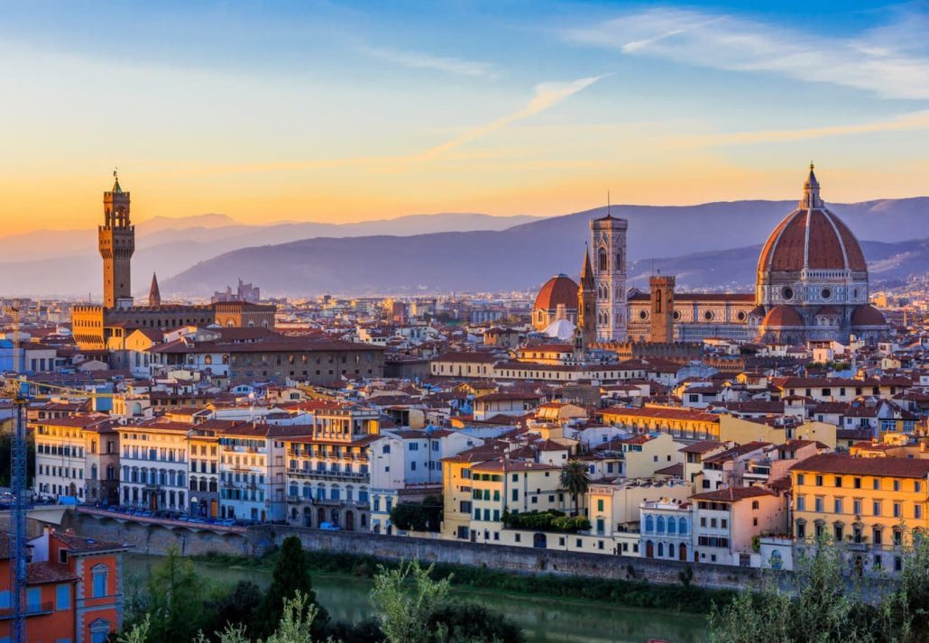 The skyline of Florence, in Italy, at sunset.