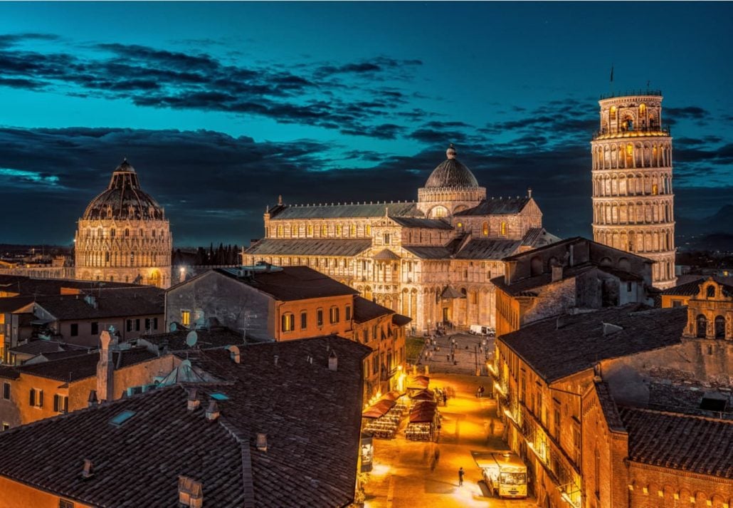 The skyline of Pisa, Italy, at nightime.