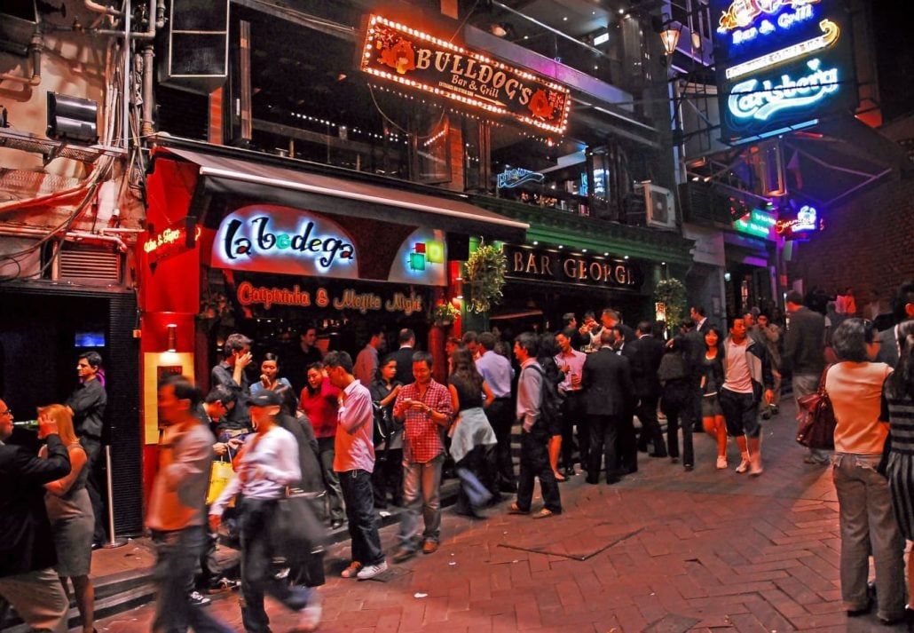 A street with clubs and bars in Hong Kong