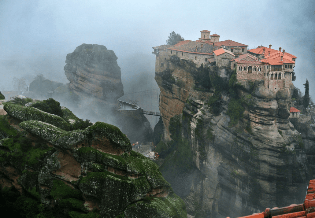 Meteora Monasteries bird's eye picture with rock formations and fog