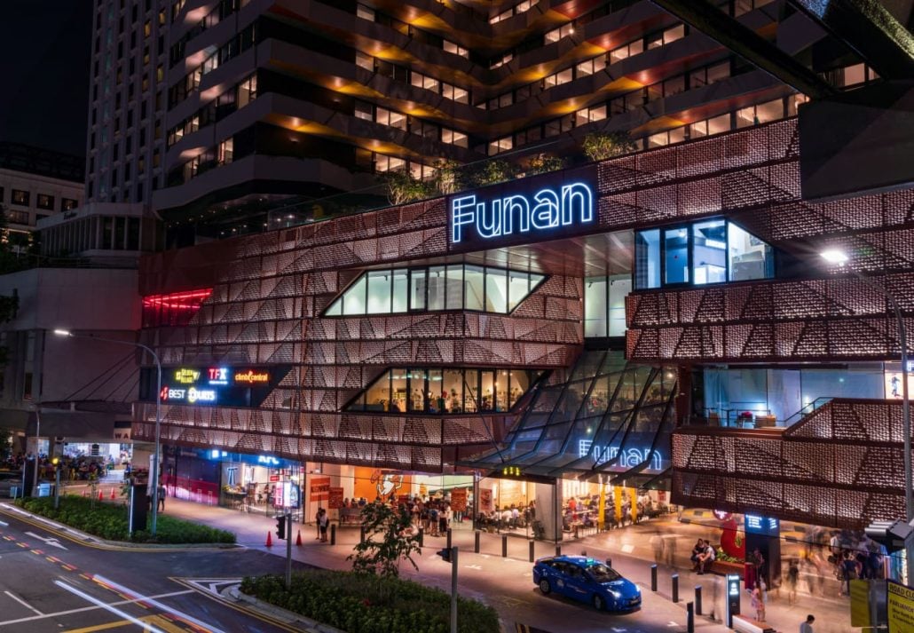 Singapore's Funan Mall at nightime.