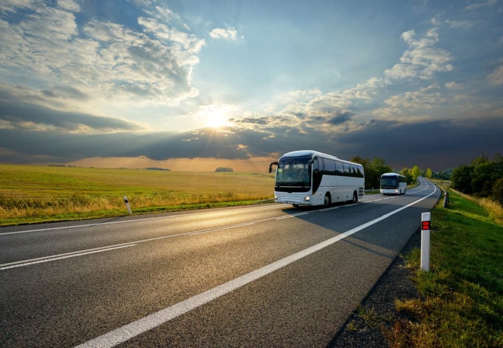 A bus on a road surrounded by greenery.