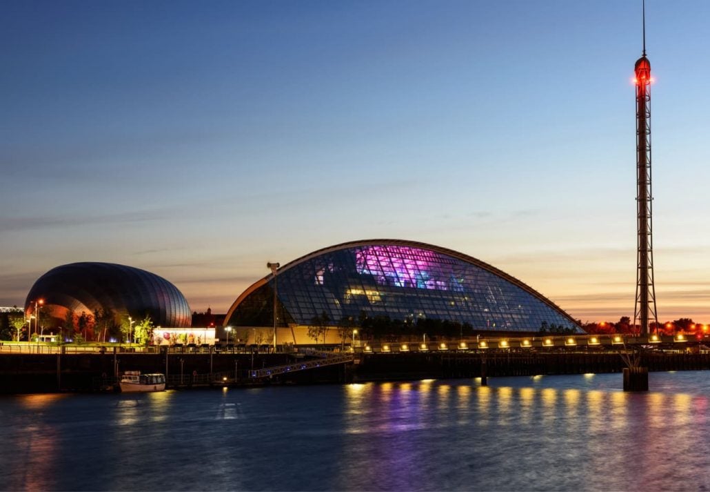 Glasgow Science Centre, in Scotland, at nightime.