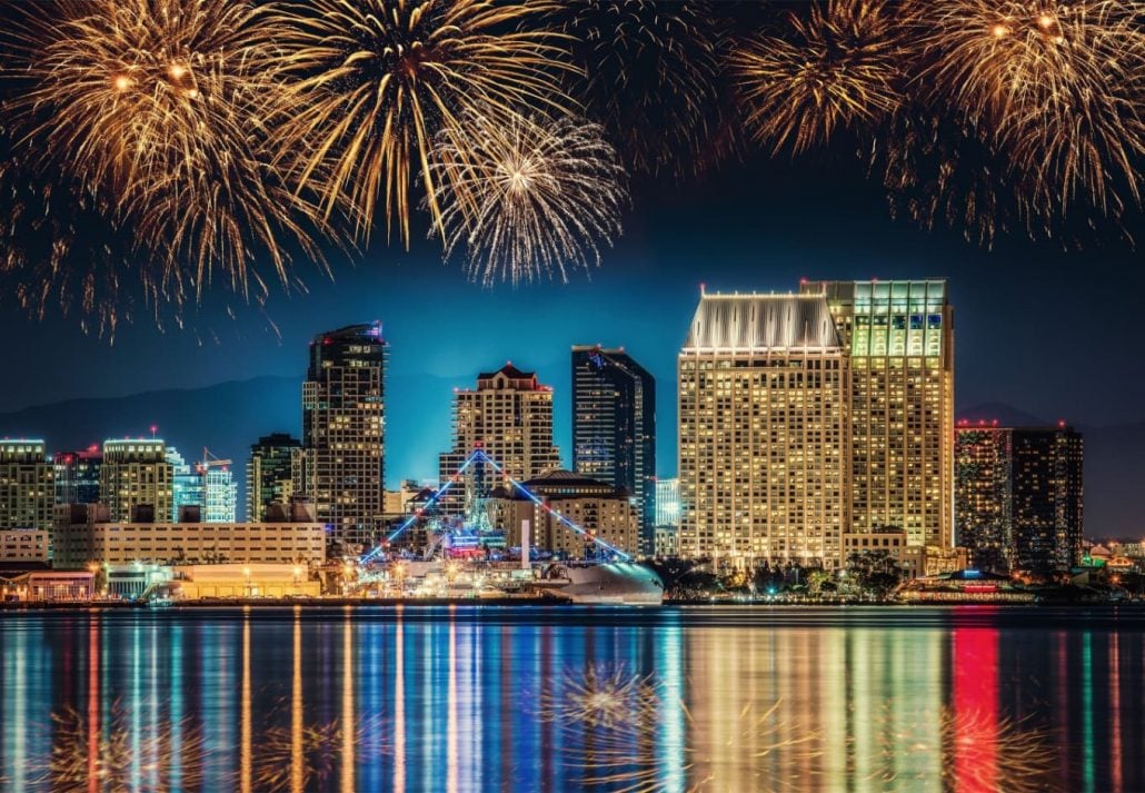 Fireworks in San Diego, California, at nighttime.