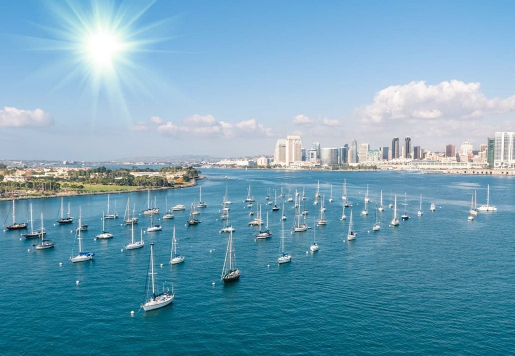 Aerial view of the San Diego Marina filled with boats.